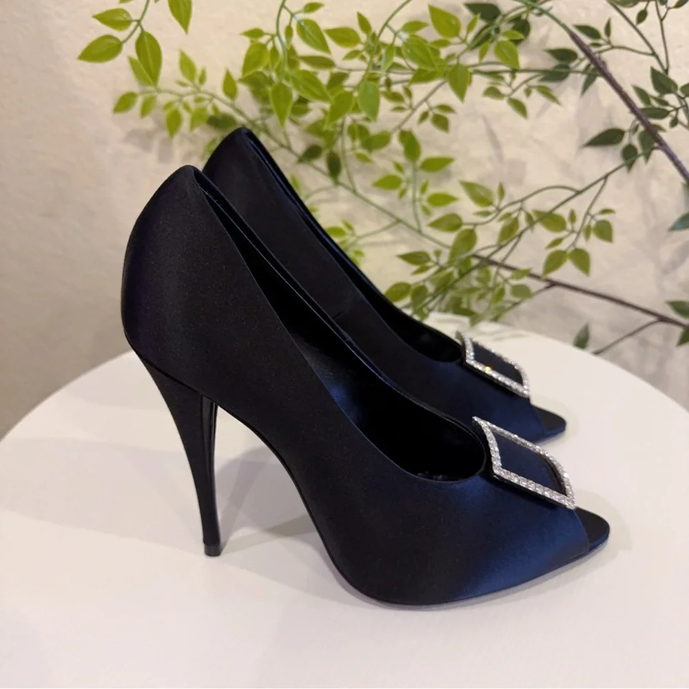 Authentic Saint Laurent Black Frankly 115 Satin Peep Pump Sandals Size 38.5 NIB - Picture 7 of 15